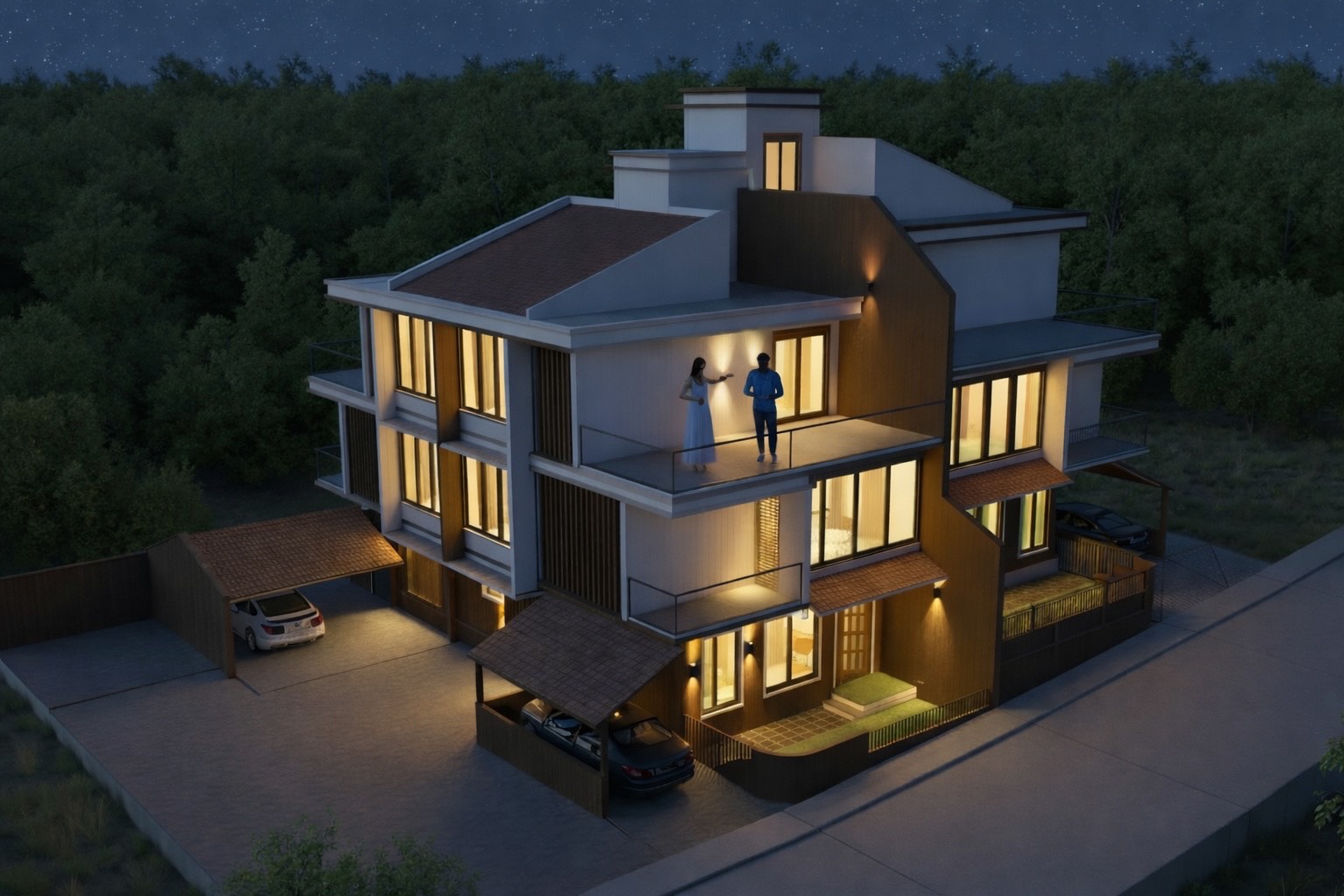 Evening exterior view of Orchid Villas within Svedam, Marcela